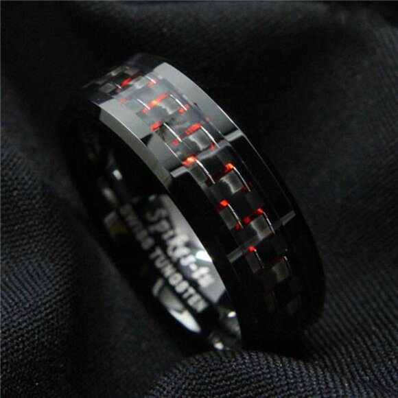 Men's Wedding Band Ring - 8mm Black and Red Carbon Fiber - Wedding Rings - Picture 4 of 5